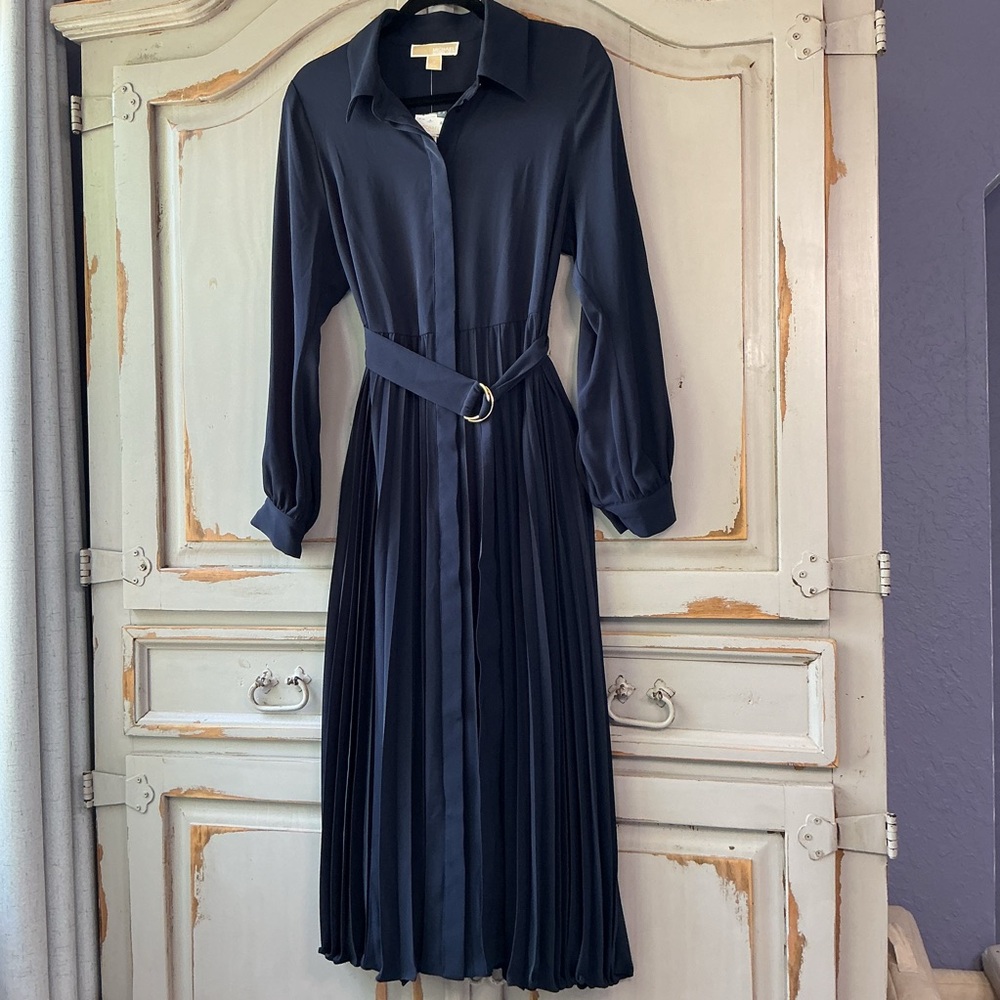 NWT Michael Kors | Navy Pleated Shirt Dress Belted Long Sleeve Capsule Wardrobe - Picture 3 of 10